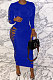 Bright Blue Women Sexy Pure Color Long Sleeve Hollow Out Mid Waist Round Collar Long Dress NYP013-5