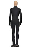 Black Women Solid Color Long Sleeve Zipper Ruffle Pants Mid Waist Bodycon Jumpsuits AA5281-1