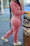 Rose Red  Casual Newest Velvet Long Sleeve Stand Neck Zip Front Collcet Waist Drawsting Jumpsuits LY047-1