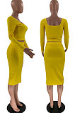 Yellow Fashion Long Sleeve Square Neck Bodycon Tops High Waist Slit Skirts Sexy Sets LM88816-5