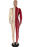 Apricot Red Newest Women Spliced Long Sleeve Stand Collar Zip Front Collect Waist Bodycon Jumpsuits AMX6056