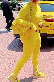 Yellow Ribber Letter Embroidery Long Sleeve Zip Front Solid Color Bodycon Jumpsuits D8456 