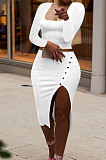 Yellow Fashion Long Sleeve Square Neck Bodycon Tops High Waist Slit Skirts Sexy Sets LM88816-5