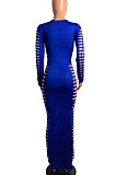 Bright Blue Women Sexy Pure Color Long Sleeve Hollow Out Mid Waist Round Collar Long Dress NYP013-5