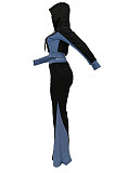 Blue Euramerican Sexy Hooded Zipper Spliced Flare Leg Pants Sets HZF57820