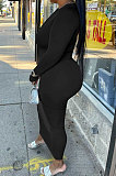 Black Wholesale Autumn Winter Long Sleeve Zip Front Slim Fitting Long Dress E8615-1