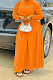 Orange Women Fashion Casual Tight Solid Color High Collar Pullover Collect Waist Puff Sleeve Long Dress MR2124-3