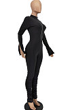 Black Women Solid Color Long Sleeve Zipper Ruffle Pants Mid Waist Bodycon Jumpsuits AA5281-1