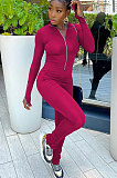Wine Red Women Solid Color Long Sleeve Zipper Ruffle Pants Mid Waist Bodycon Jumpsuits AA5281-4