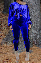 Blue Women Long Sleeve Round Collar Korea Velvet Solid Color Sexy Long Pants Sets MR2123-5