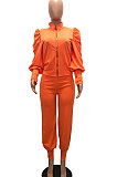 Black Women Fashion Solid Color Puff Sleeve Zipper High Waist Pants Sets MR2120-2