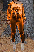 Orange Women Long Sleeve Round Collar Korea Velvet Solid Color Sexy Long Pants Sets MR2123-2