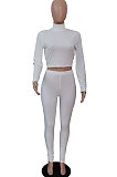 White Women Fashion Pure Color Ribber Long Sleeve Pants Sets YSH86270-1