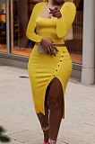 Red Fashion Long Sleeve Square Neck Bodycon Tops High Waist Slit Skirts Sexy Sets LM88816-4