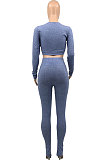 Blue Cotton Blend Wholesale Long Sleeve Zip Front Crop Tops Bodycon Pants Sets KY3097-2