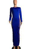 Sky Blue Women Sexy Pure Color Long Sleeve Hollow Out Mid Waist Round Collar Long Dress NYP013-3