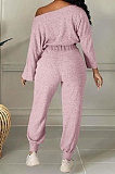 Pink Cotton Blend A Wrod Shoulder Long Sleeve T Shirts Sweat Pants Sets HHM6528-2