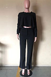 Black Fashion Wholesale Long Sleeve Irregularity Tops Wide Leg Pants Slim Fitting Sets D8454-6