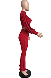 Wine Red Autumn Winter Woolen Knitting Lantern Sleeve Round Neck Crop Tops High Waist Flare Pants Sollid Color Sets LML270-3