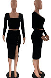 Black Fashion Long Sleeve Square Neck Bodycon Tops High Waist Slit Skirts Sexy Sets LM88816-1