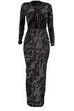 Multicolor Women Long Sleeve Fashion Printing Bandage Hollow Out Skinny Bodycon Long Dress HZF57819-3