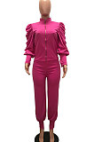 Rose Red Women Fashion Solid Color Puff Sleeve Zipper High Waist Pants Sets MR2120-3