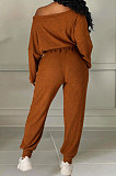 Rose Red Cotton Blend A Wrod Shoulder Long Sleeve T Shirts Sweat Pants Sets HHM6528-3