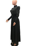 Pink Women Fashion Casual Tight Solid Color High Collar Pullover Collect Waist Puff Sleeve Long Dress MR2124-2