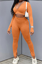 Orange Cotton Blend Wholesale Long Sleeve Zip Front Crop Tops Bodycon Pants Sets KY3097-3