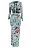 Multicolor Women Long Sleeve Fashion Printing Bandage Hollow Out Skinny Bodycon Long Dress HZF57819-3