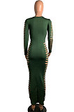 Army Green Women Sexy Pure Color Long Sleeve Hollow Out Mid Waist Round Collar Long Dress NYP013-4