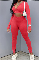 Red Cotton Blend Wholesale Long Sleeve Zip Front Crop Tops Bodycon Pants Sets KY3097-1