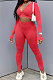 Red Cotton Blend Wholesale Long Sleeve Zip Front Crop Tops Bodycon Pants Sets KY3097-1
