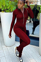 Wine Red Women Solid Color Long Sleeve Zipper Ruffle Pants Mid Waist Bodycon Jumpsuits AA5281-4