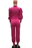Rose Red Women Fashion Solid Color Puff Sleeve Zipper High Waist Pants Sets MR2120-3