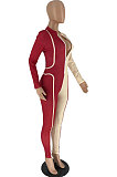 Apricot Red Newest Women Spliced Long Sleeve Stand Collar Zip Front Collect Waist Bodycon Jumpsuits AMX6056