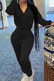Blue Casual Newest Velvet Long Sleeve Stand Neck Zip Front Collcet Waist Drawsting Jumpsuits LY047-3
