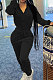 Black Casual Newest Velvet Long Sleeve Stand Neck Zip Front Collcet Waist Drawsting Jumpsuits LY047-5
