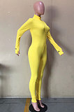 Yellow Ribber Letter Embroidery Long Sleeve Zip Front Solid Color Bodycon Jumpsuits D8456 