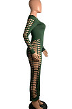 Army Green Women Sexy Pure Color Long Sleeve Hollow Out Mid Waist Round Collar Long Dress NYP013-4