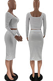 White Fashion Long Sleeve Square Neck Bodycon Tops High Waist Slit Skirts Sexy Sets LM88816-3