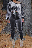 Black Women Long Sleeve Round Collar Korea Velvet Solid Color Sexy Long Pants Sets MR2123-1