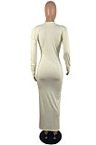 Gray Wholesale Autumn Winter Long Sleeve Zip Front Slim Fitting Long Dress E8615-3