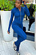 Blue Women Solid Color Long Sleeve Zipper Ruffle Pants Mid Waist Bodycon Jumpsuits AA5281-2