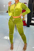 Green Wholesale Velvet Long Sleeve With Pocket Zip Coat Pencil Pants Sport Sets LML268-5