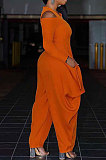 Orange Modest  Newest Long Sleeve Off Shoulder Zip Front Loose Solid Color Jumpsuits AMX6057-1
