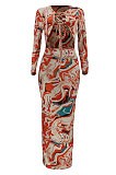 Light Blue Women Long Sleeve Fashion Printing Bandage Hollow Out Skinny Bodycon Long Dress HZF57819-1