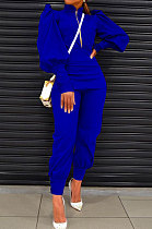 Blue Women Fashion Solid Color Puff Sleeve Zipper High Waist Pants Sets MR2120-4