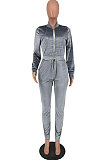 Gray Casual Newest Velvet Long Sleeve Stand Neck Zip Front Collcet Waist Drawsting Jumpsuits LY047-2