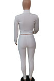 White Women Fashion Pure Color Ribber Long Sleeve Pants Sets YSH86270-1